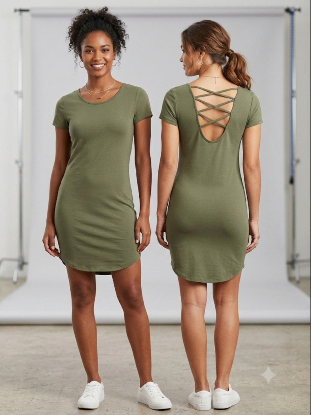 No Boundaries Olive Green Lattice Strappy Back Mini T-Shirt Dress M(7-9)